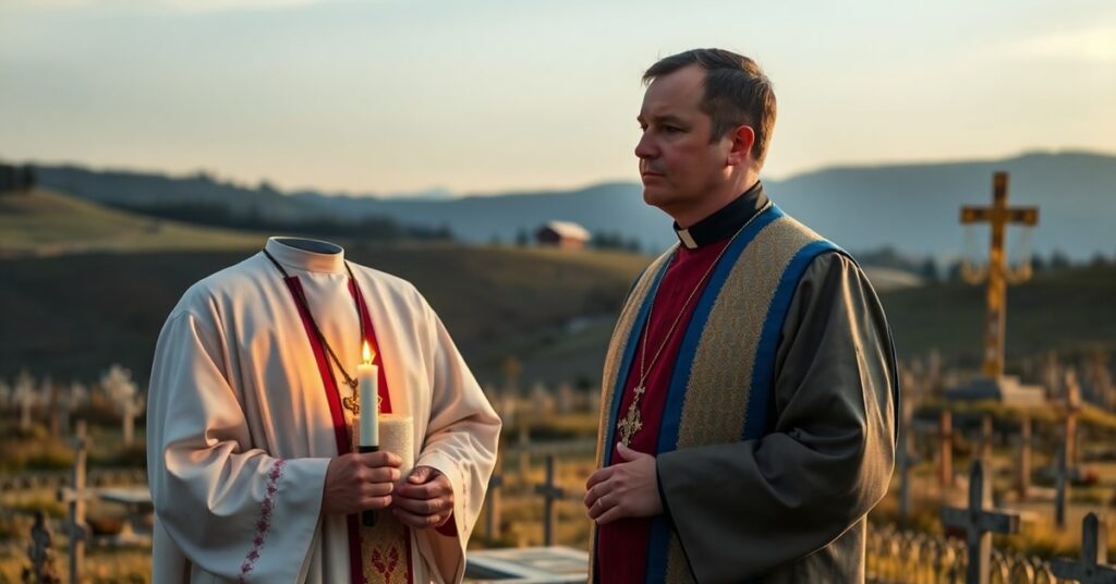 Katolicki ksiądz w tradycyjnych ornamentach stoi w spokojnej polsko-ukraińskiej strefie pogranicznej z zapaloną świecą przed pomnikiem ofiar rzezi wołyńskiej. W tle widoczna jest ukraińska baza wojskowa nosząca nazwę „Bohaterów UPA”. Scena wskazuje na potrzebę prawdy i sprawiedliwości w procesie pojednania historycznego.