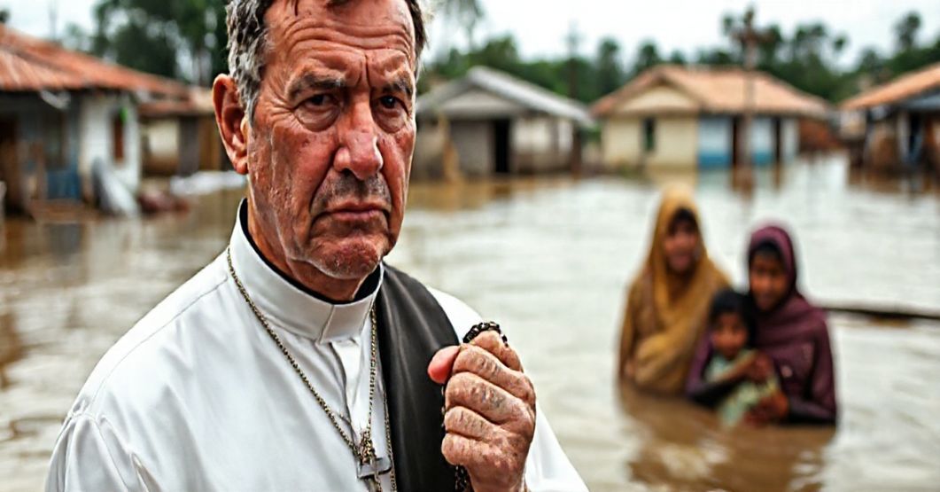 Ksiądz w strasznym smutku stoi przy powodziowej pomocy z rodzina na tle