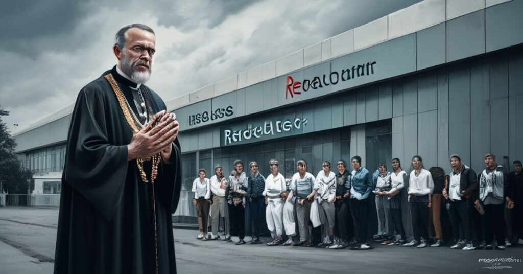 Ksiądz w tradycyjnym habicie stojący przed kliniką aborcyjną w Nowym Jorku.