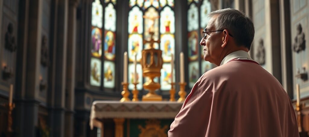 Ksiądz w tradycyjnych szatach liturgicznych stojący przed ołtarzem z monstrancją zawierającą Najświętszy Sakrament, na tle historycznego wnętrza kościoła z witrażami.