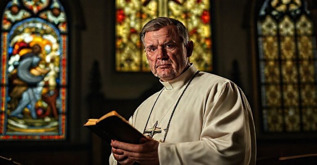 Obraz przedstawia tradycyjnego katolickiego księdza stojącego przy ambonie, trzymającego zamkniętą Biblię. W tle witraż ukazuje prześladowanie chrześcijan w Afryce. Kościół jest słabo oświetlony, podkreślając powagę sytuacji.