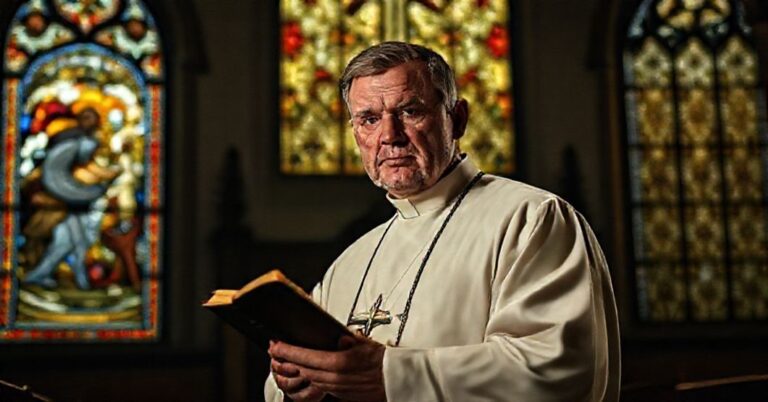 Obraz przedstawia tradycyjnego katolickiego księdza stojącego przy ambonie, trzymającego zamkniętą Biblię. W tle witraż ukazuje prześladowanie chrześcijan w Afryce. Kościół jest słabo oświetlony, podkreślając powagę sytuacji.