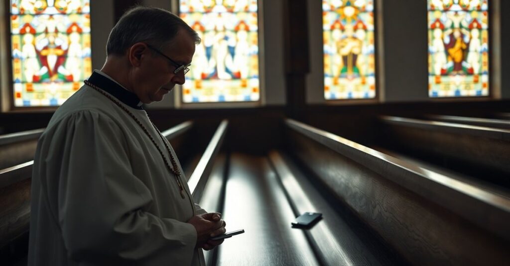 Katolicki ksiądz trzyma różaniec w ciemnym kościele z telefonem na ławce.