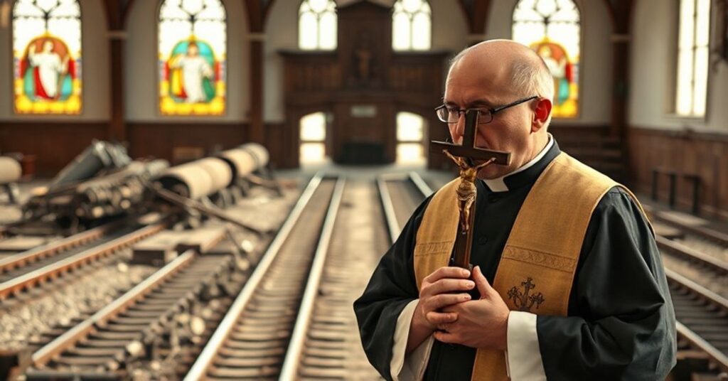 Ksiądz katolicki w tradycyjnym kościele polskim z krzyżem w ręku, rozmyślający nad zniszczeniem torów kolejowych na tle, symbolizującym upadek moralny społeczeństwa