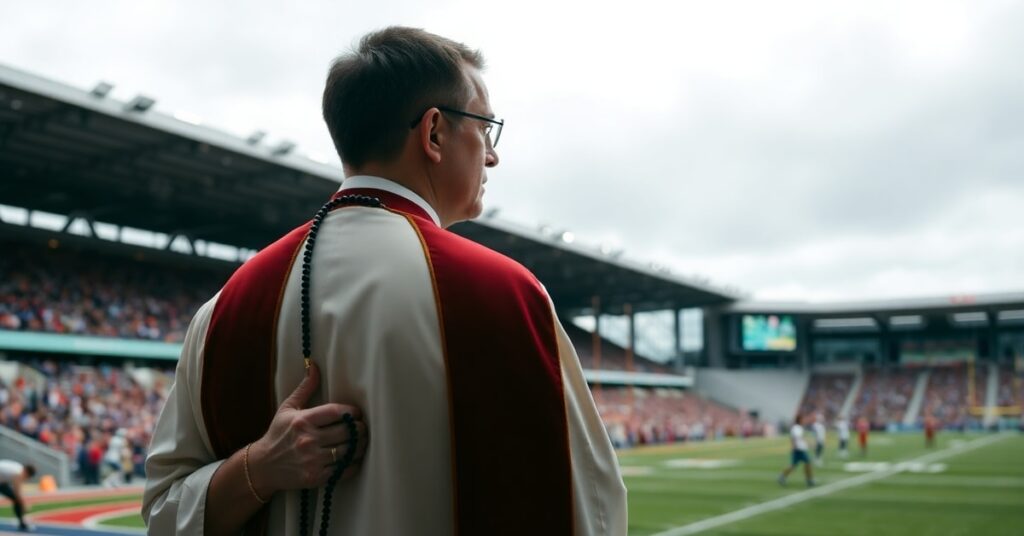 Ksiądz w tradycyjnych szatach stojący przed stadionem piłkarskim, trzymając różaniec. Na tle widoczni są piłkarze w akcji. Obraz symbolizuje konflikt między wiarą a światowymi rozrywkami.