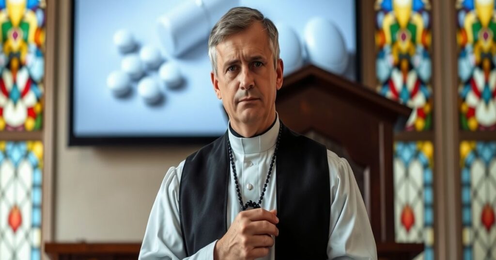 Ksiądz w tradycyjnych szatach stoi przed konfesjonałem, trzymając różaniec. W tle widoczny ekran telemedycyny z tabletami aborcyjnymi.