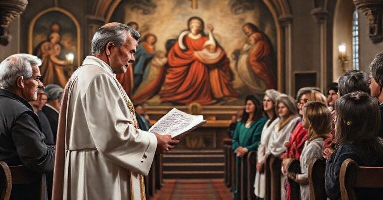 Ksiądz w tradycyjnych szatach kościelnych wyjaśnia rodzicom i młodym ludziom zagrożenia związane z tzw. "opieką afirmującą" przed obrazem religijnym w kościele.
