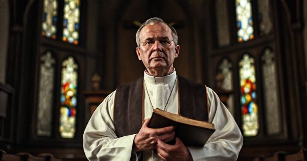 Tradycyjny ksiądz katolicki w kościele modli się z biblią przed amboną