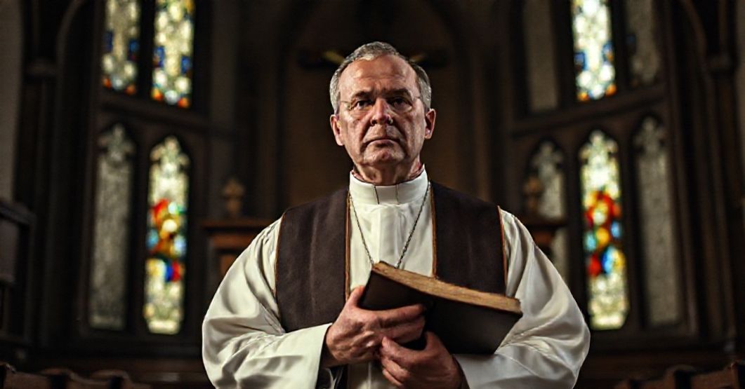 Tradycyjny ksiądz katolicki w kościele modli się z biblią przed amboną