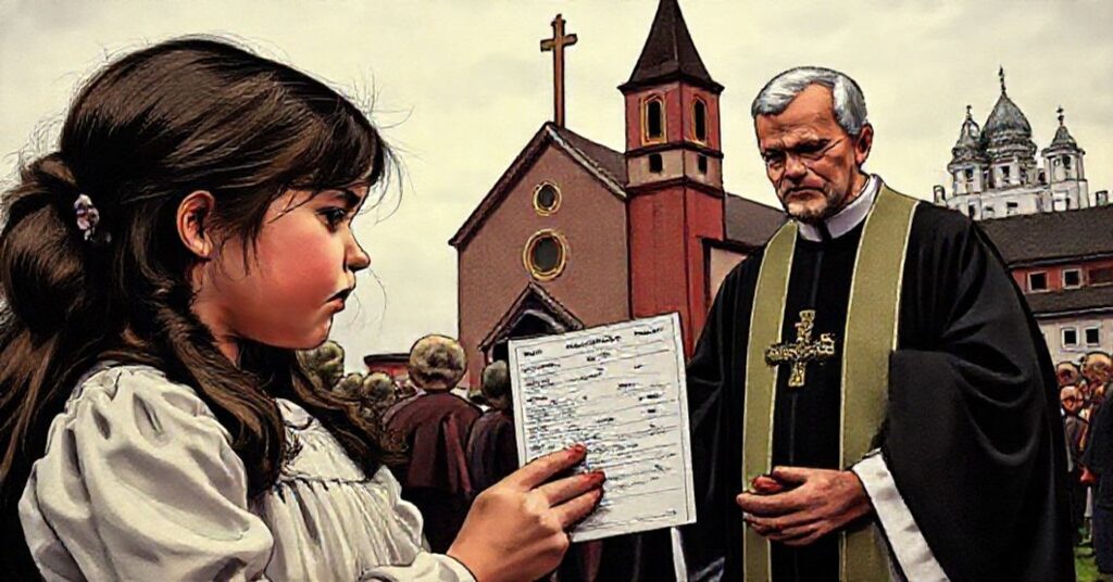 Młoda dziewczyna w smutku z receptą na blokery dojrzewania, ksiądz udzielający pocieszenia przed katolickim kościołem na tle Nowej Zelandii