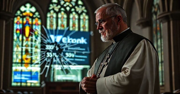 Ksiądz w tradycyjnych szatach kościelnych patrzy z troską na rozbite komputerowe wyświetlacze pokazujące cyberzagrożenia przed tłem banku VeloBank w świątyni.