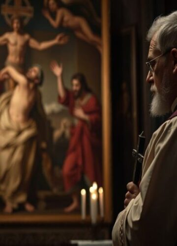 Ksiądz w kaplicy - rozważania o grzechu i łasce Tradycyjny ksiądz katolicki w szatach liturgicznych trzyma krzyż przed obrazem zdradzącego Judasz.