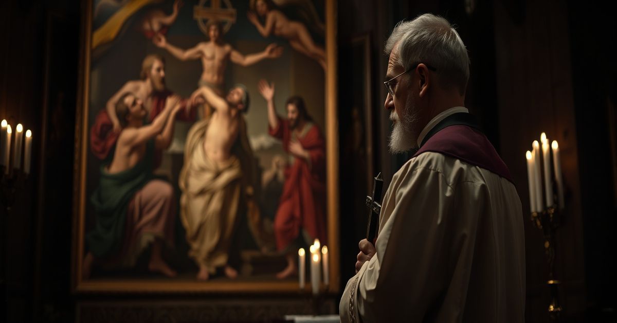 Tradycyjny ksiądz katolicki w szatach liturgicznych trzyma krzyż przed obrazem zdradzącego Judasz.