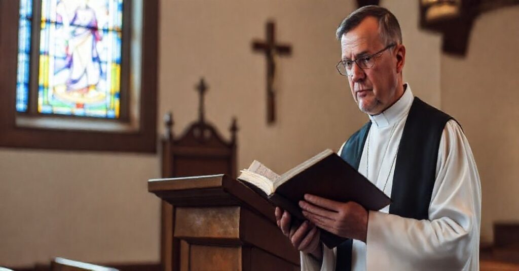 Ksiądz w tradycyjnych szatach liturgicznych stoi przed amboną w kaplicy katolickiej. Na tle witraż z Chrystusem Królem.