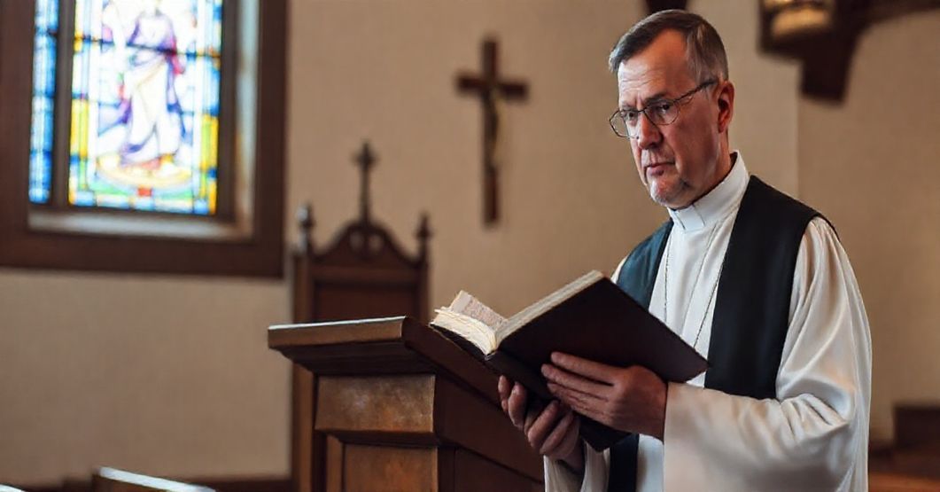 Ksiądz w tradycyjnych szatach liturgicznych stoi przed amboną w kaplicy katolickiej. Na tle witraż z Chrystusem Królem.