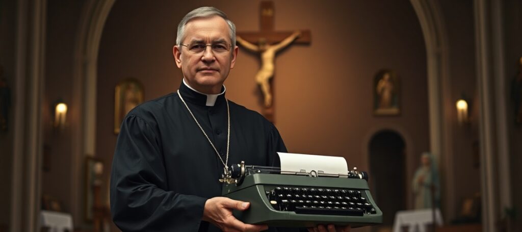 Ksiądz w sutannie przed krzyżem w tradycyjnym kościele katolickim