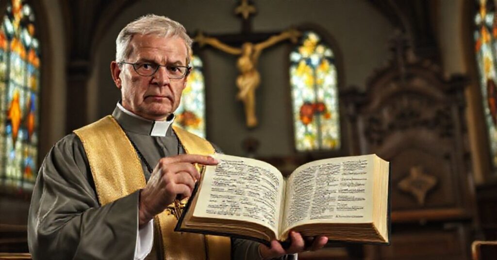 Katolicki ksiądz w tradycyjnym sutannie stoi przed krucyfiksem z otwartą Biblią, wyrażając troskliwy wyraz twarzy w ciemnym wnętrzu kościoła. Scena podkreśla tradycyjną naukę Kościoła wobec nowożytnych zniekształceń.