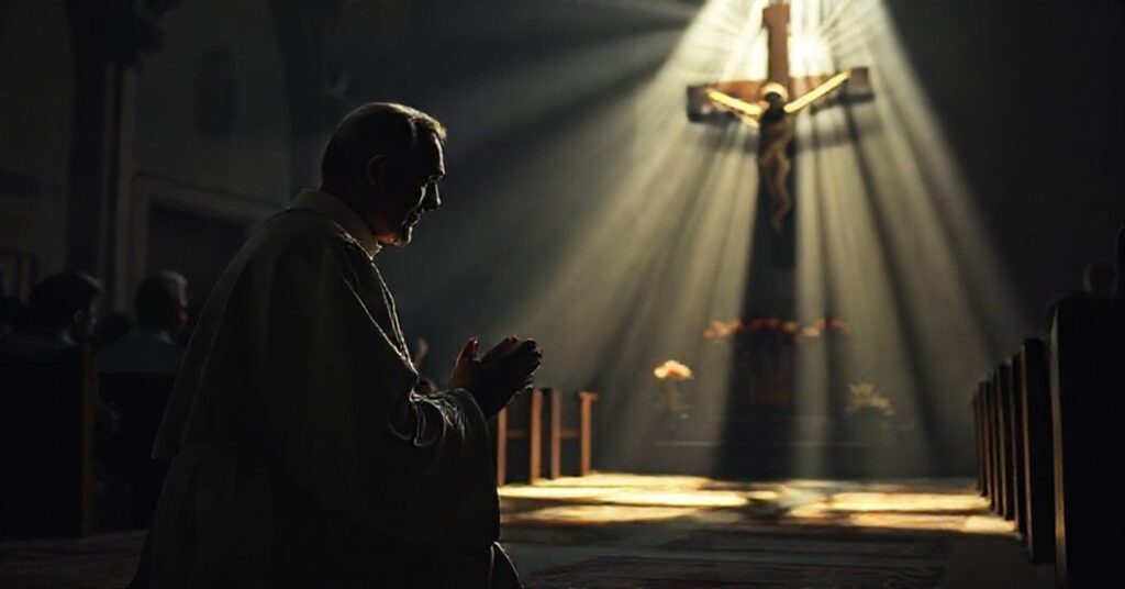 Tradycyjny katolicki ksiądz w modlitwie przed krzyżem w ciemnym kościele