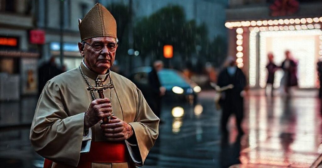 Ksiądz w tradycyjnym ornacie przy patrzy na niejasny widok występów drag queen w Berlinie