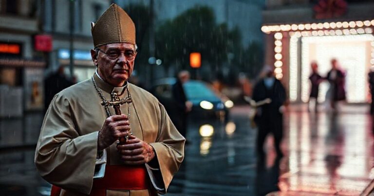 Ksiądz w tradycyjnym ornacie przy patrzy na niejasny widok występów drag queen w Berlinie