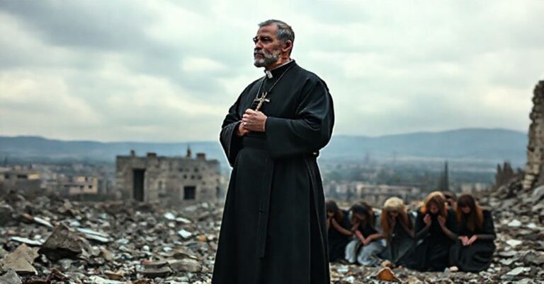 Tradycyjny ksiądz w czarnej sutannie stoi w ruinach Sarajewa, trzymając krzyż, z wyrazem potępienia na twarzy.