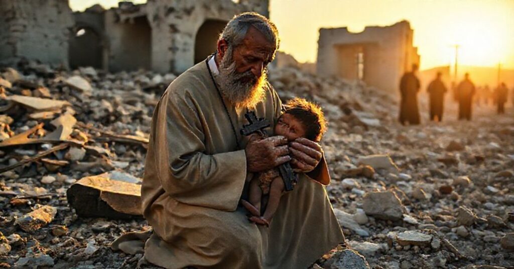 Tradycyjny katolicki ksiądz trzymając krzyż modli się w ruinach kościoła w Strefie Gazy nad niedożywionym dzieckiem
