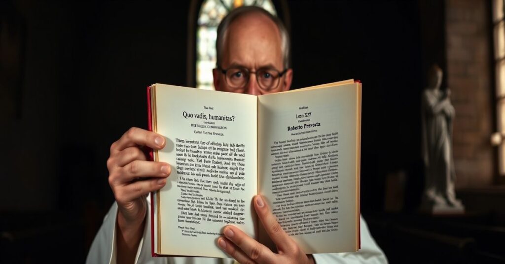 Tradycyjny katolicki ksiądz w świątyni trzyma herbetyczny dokument 'Quo vadis humanitas?' z tekstem o 'nieskończonej godności' człowieka.