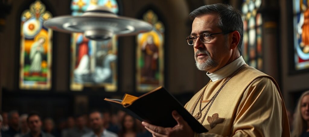 Solemny ksiądz w tradycyjnych szatach liturgicznych stoi przed zborem, trzymając Biblię. Za nim wnętrze kościoła z witrażami przedstawiającymi sceny katolickie. Na tle rozmyte UFO symbolizuje rozpraszanie uwagi od misji Kościoła.