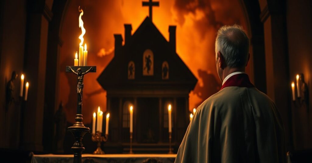 Ksiądz w tradycyjnych szatach kościelnych stojący przed ołtarzem z zapalonymi świecami, trzymający krucyfiks i patrząc na przerażony dom z widocznymi symbolami okultystycznymi na tle.