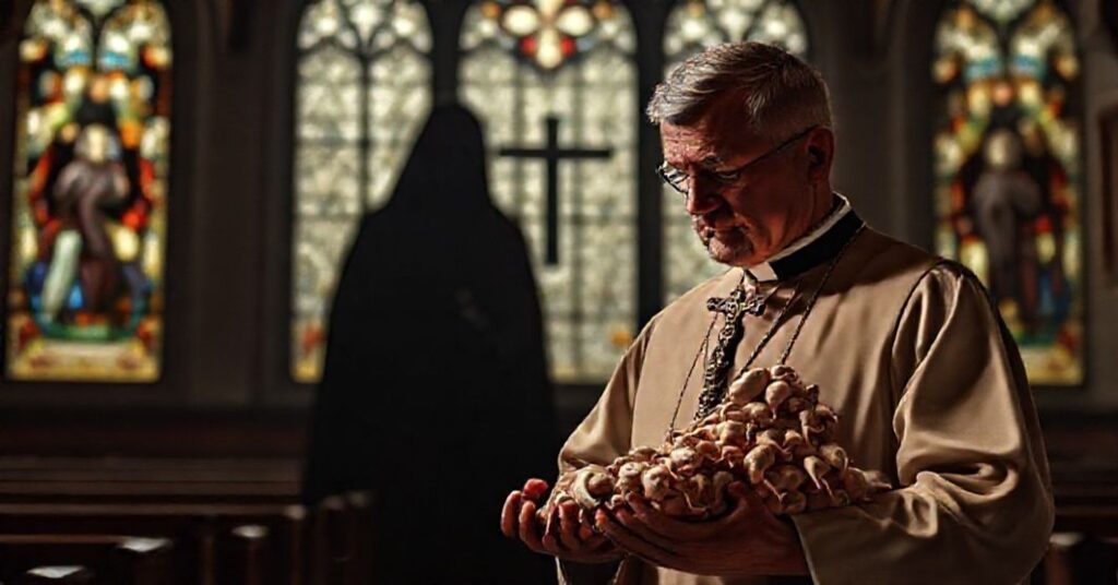Książęce zdjęcie przedstawiające katolickiego księdza w tradycyjnych szatach liturgicznych trzymającego krzyż i patrzącego na stertę porzuconych płodów. Widoczna jest tajemnicza postać przemysłu aborcyjnego rzucająca cień na scenę.