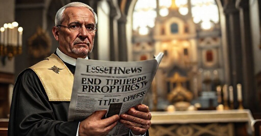 Tradycyjny ksiądz w ciemnym kościele trzymający LifeSiteNews z artykułem o dwóch rzekomych antypapieżach