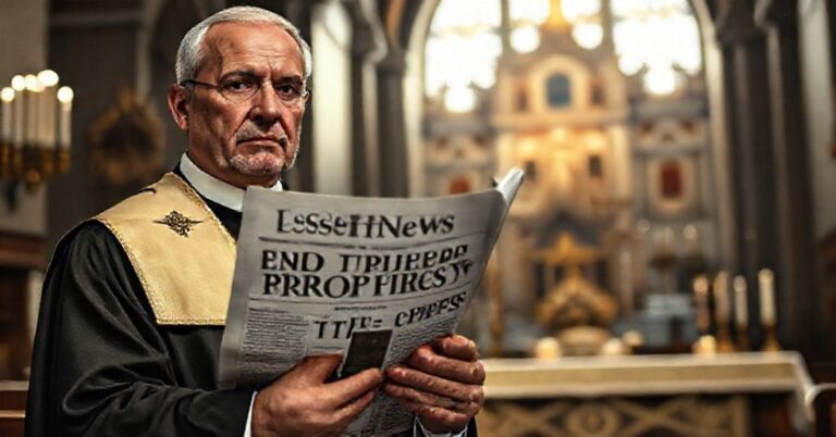 Tradycyjny ksiądz w ciemnym kościele trzymający LifeSiteNews z artykułem o dwóch rzekomych antypapieżach