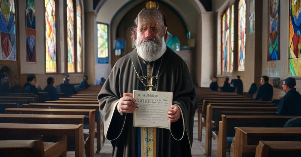 Ksiądz w tradycyjnych szatach liturgicznych trzyma list z Departamentu Bezpieczeństwa Wewnętrznego USA dotyczący nowych regulacji wizowych dla pracowników religijnych w obecności porośniętej pąkami świątyni katolickiej.