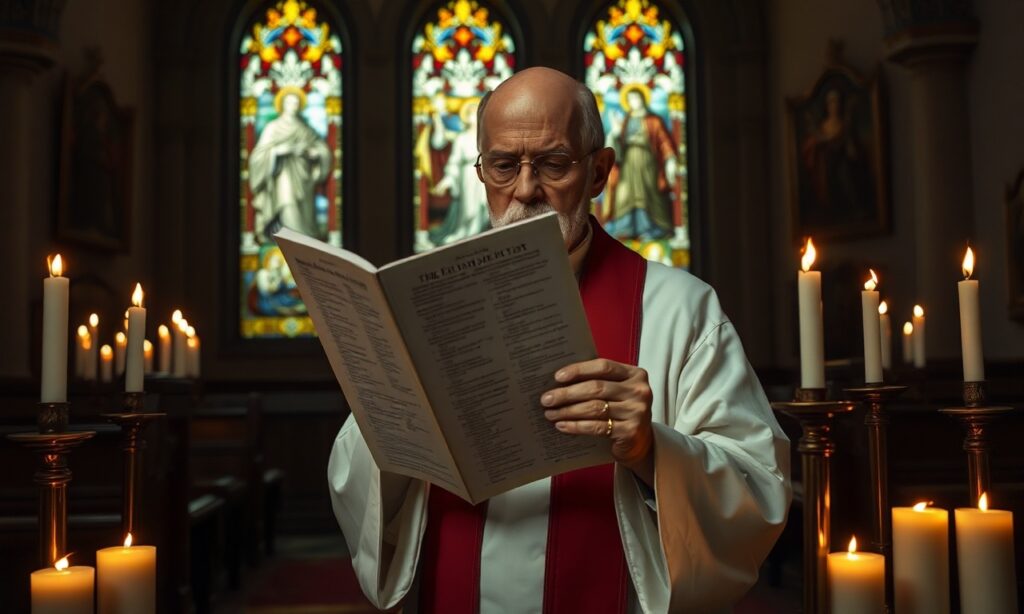 Solemny ksiądz trzymający list Epsteina w tradycyjnym katolickim otoczeniu