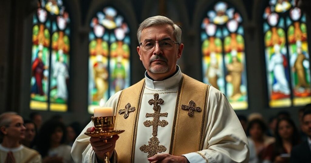 Ksiądz w tradycyjnych szatach liturgicznych trzyma monstrancję z Najświętszym Sakramentem, symbolizując królowanie Chrystusa nad społeczeństwem. Tło: wnętrze kościoła z witrażami przedstawiającymi sprawiedliwość i pokutę.