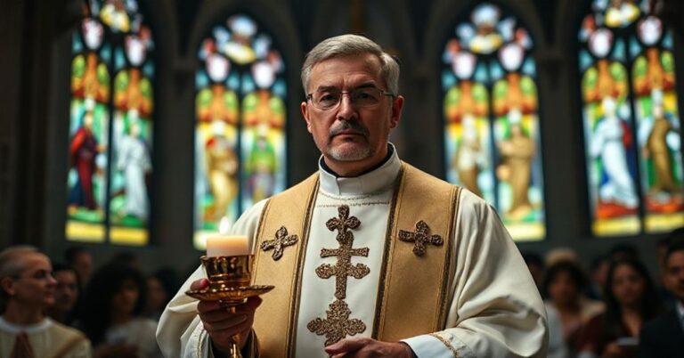 Ksiądz w tradycyjnych szatach liturgicznych trzyma monstrancję z Najświętszym Sakramentem, symbolizując królowanie Chrystusa nad społeczeństwem. Tło: wnętrze kościoła z witrażami przedstawiającymi sprawiedliwość i pokutę.