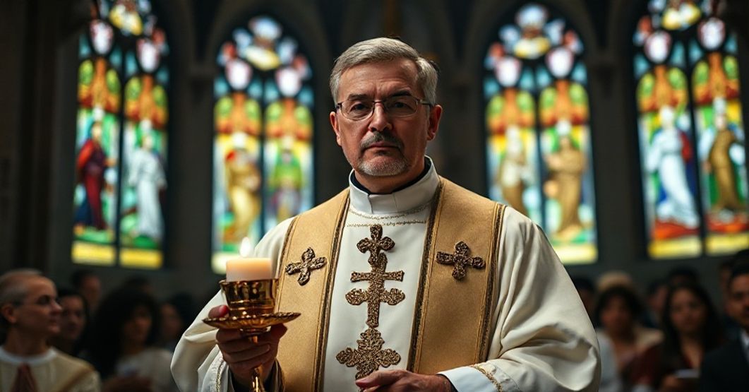 Ksiądz w tradycyjnych szatach liturgicznych trzyma monstrancję z Najświętszym Sakramentem, symbolizując królowanie Chrystusa nad społeczeństwem. Tło: wnętrze kościoła z witrażami przedstawiającymi sprawiedliwość i pokutę.