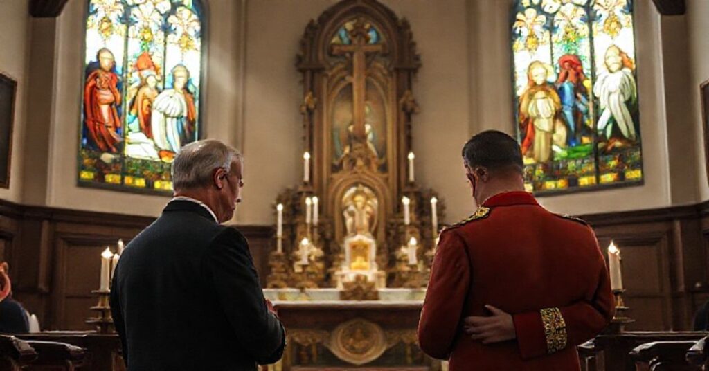 Książę Albert II i marszałek Włodzimierz Czarzasty w modlitwie w kościele katolickim przed ołtarzem z ikonami i świecami. Scena symbolizuje walkę o życie i wiarę katolicką.