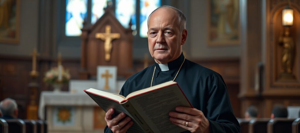 Ksiądz w tradycyjnym ornacie stoi przed zamkniętym tabernakulum z Biblią w ręku, wyrażając smutek nad redukcją wiary do psychologii bez sakramentów