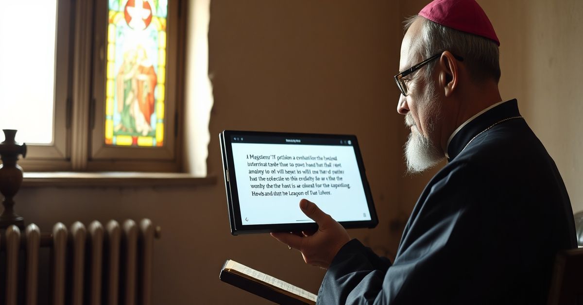 Ksiądz w tradycyjnym stroju katolickim patrzy z smutkiem na ekran z heretycznym tekstem o 'Magisterium AI', trzymając brewiarz