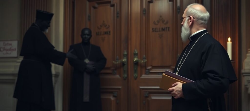 Ksiądz w tradycyjnym habitacie stoi przed zamkniętymi drzwiami kościoła, trzymając encyklikę św. Piusa IX. Na tle widoczny jest cień postępowej herezji i fałszywego ekumenizmu.