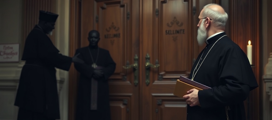 Ksiądz broni prawdy katolickiej przed fałszywym ekumenizmem Ksiądz w tradycyjnym habitacie stoi przed zamkniętymi drzwiami kościoła, trzymając encyklikę św. Piusa IX. Na tle widoczny jest cień postępowej herezji i fałszywego ekumenizmu.