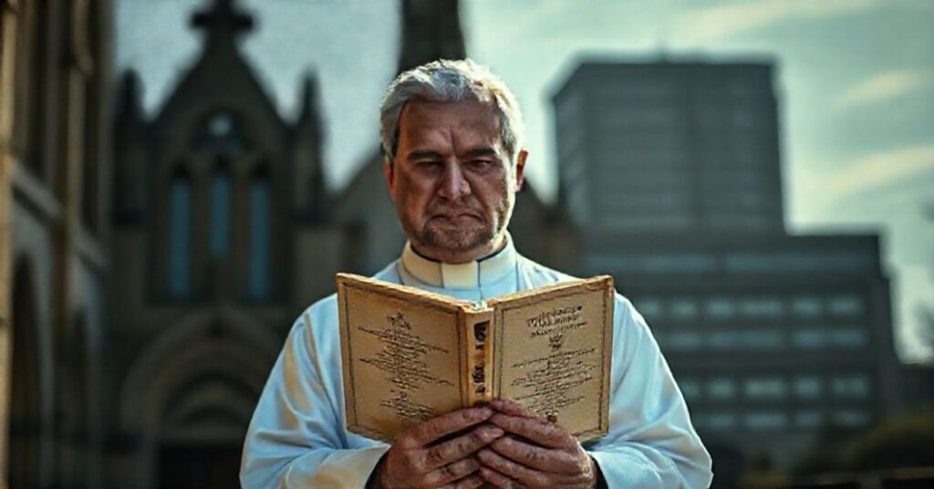 Ksiądz w tradycyjnym habicie trzyma encyklikę "Ewangelium Życia" na tle ciemnej budynku medycznego, symbolizując walkę o świętość życia w Australii.