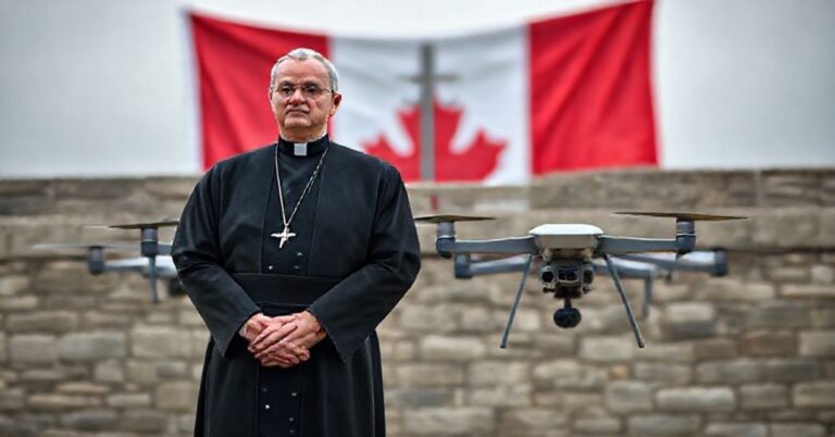 Ksiądz katolicki w tradycyjnych szatach stoi przed grupą chińskich dronów, symbolizując ich moralne i strategiczne zagrożenia.