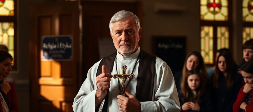 Tradycyjny ksiądz katolicki trzymający krzyż przed grupą rodziców i uczniów w kościele, symbolizujący kryzys edukacji religijnej w Polsce