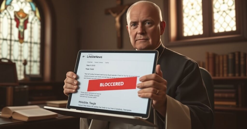 Obraz przedstawiający tradycyjnego księdza w pokoju z krzyżem i księgami, trzymającego list od LifeSiteNews przy laptopie z blokowanym e-mailem od Microsoftu, Apple lub Google.
