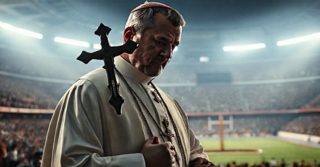 Książę w tradycyjnych szatach kapłańskich stoi przed stadionem sportowym, trzymając krzyż