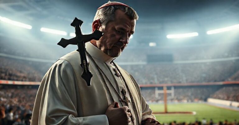 Książę w tradycyjnych szatach kapłańskich stoi przed stadionem sportowym, trzymając krzyż