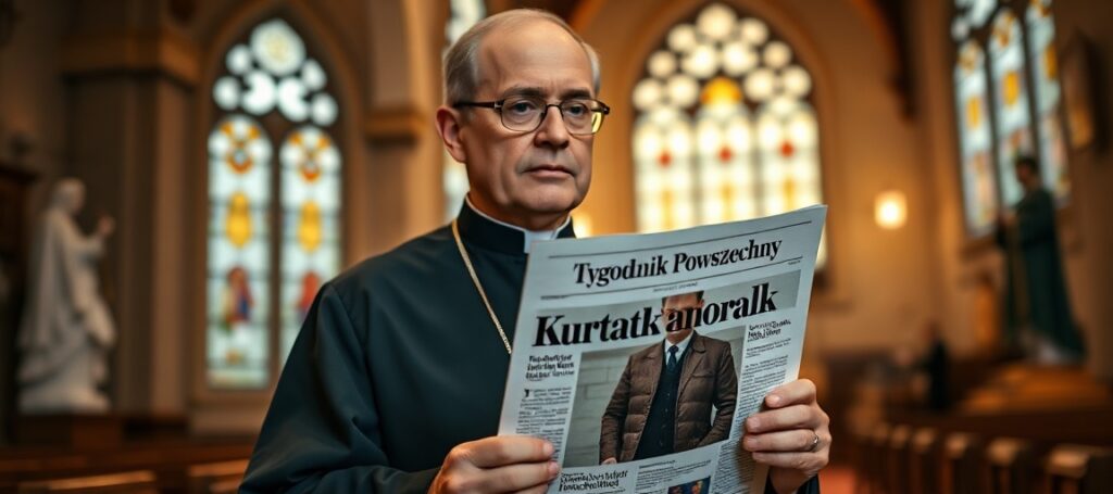 Ksiądz w tradycyjnym habitacie trzyma numer Tygodnika Powszechnego z artykułem o kurtce anorak w kościele pełnym symboliki katolickiej.
