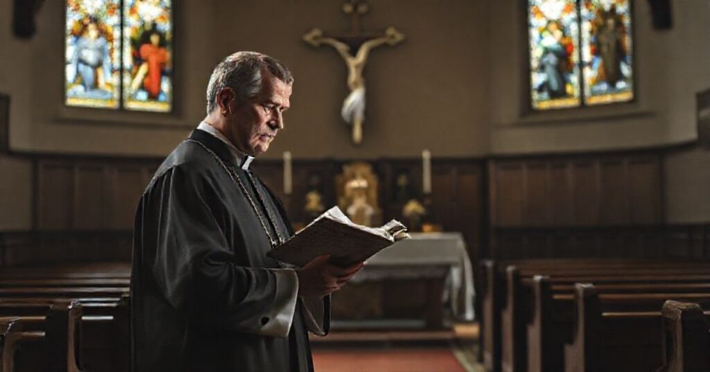 Ksiądz w ciemnym ornaty czyta zanieczyszczoną interpretację ewangelii z ciemnymi cieniom błądów w tle.